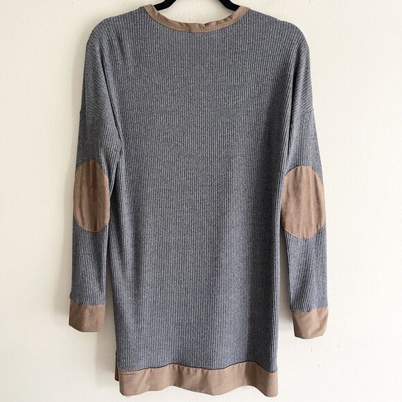 Peach Love Gray Waffle Knit Long Line Shirt S Brown Elbow Patch Soft California - Picture 4 of 10